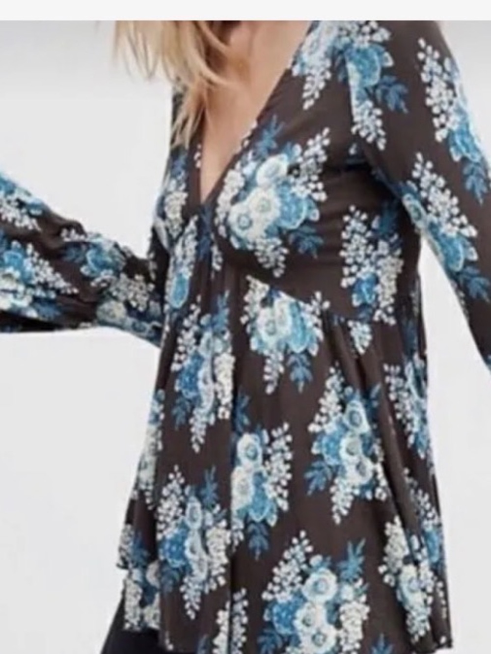 Free People Speak Easy Floral Boho V-Neck Long Sleeve Tunic Top - Blue/Black